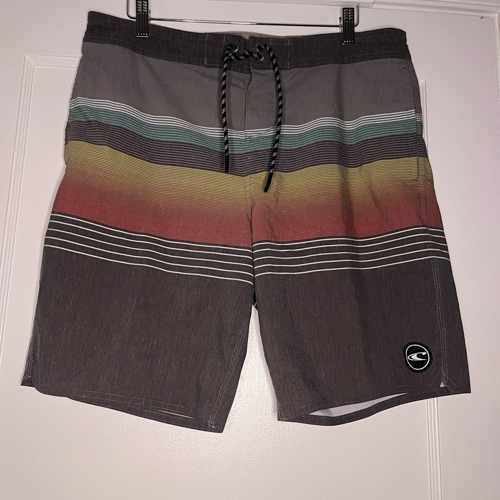 O'Neill Board Shorts Striped Gray Yellow Red Blue Men's 34 Drawstring Pockets